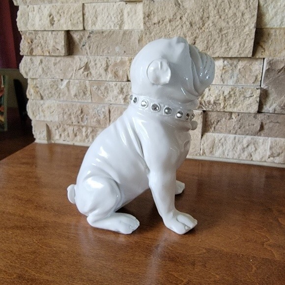 White glossy  english Bulldog figurine rhinestone collar - Picture 6 of 13